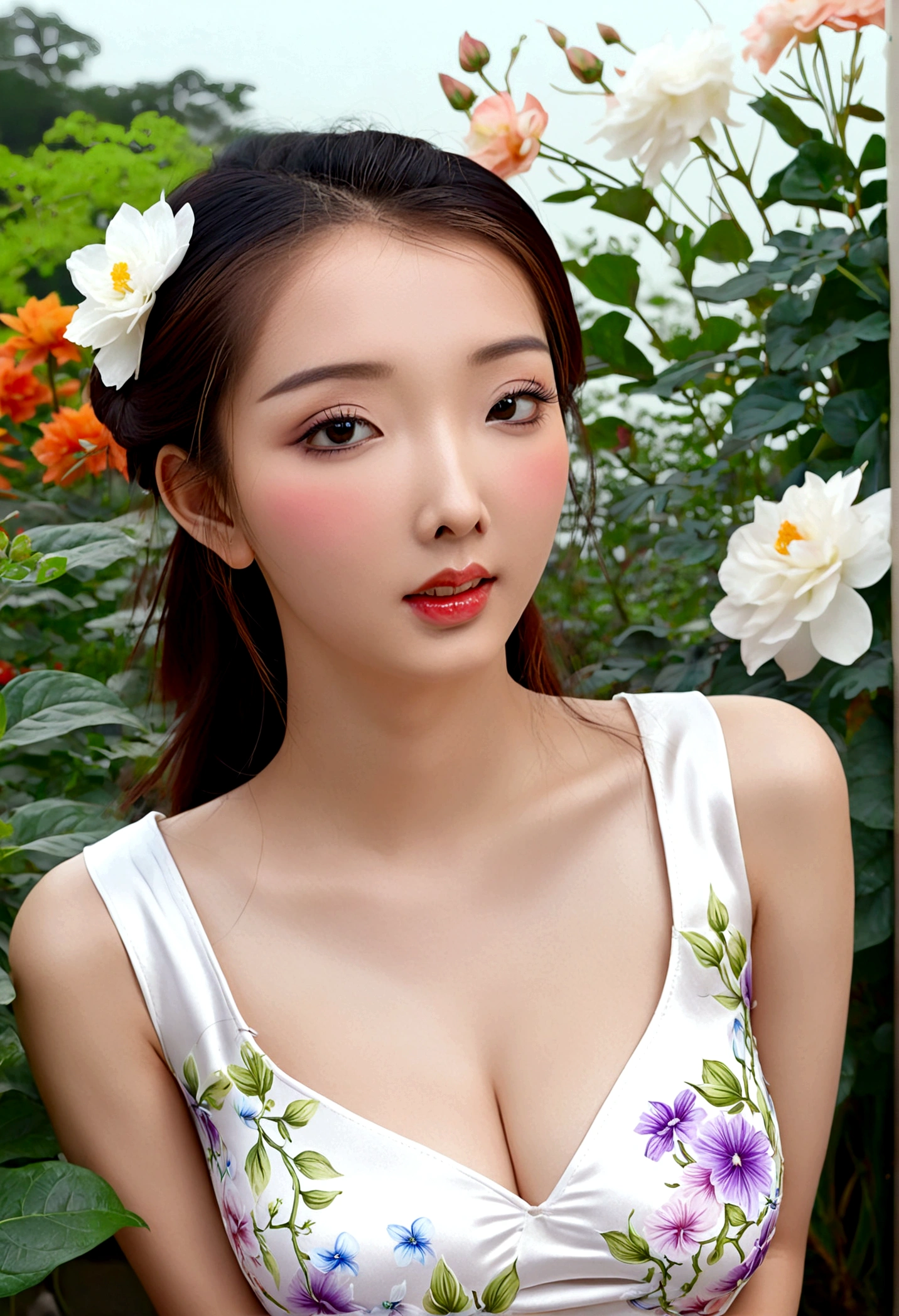 a cute woman, ornate asian dress, split up the thighs, powder white body make up, asian style face makeup, aloof, checking her flower garden, detailed eyes, detailed lips, extremely detailed face, long eyelashes, 1girl, digital illustration, oil painting, 8k, high quality, hyper detailed, photorealistic, studio lighting, physically based rendering, vivid colors, vibrant colors, elegant, refined, graceful, serene, tranquil, peaceful, portrait, asian inspired