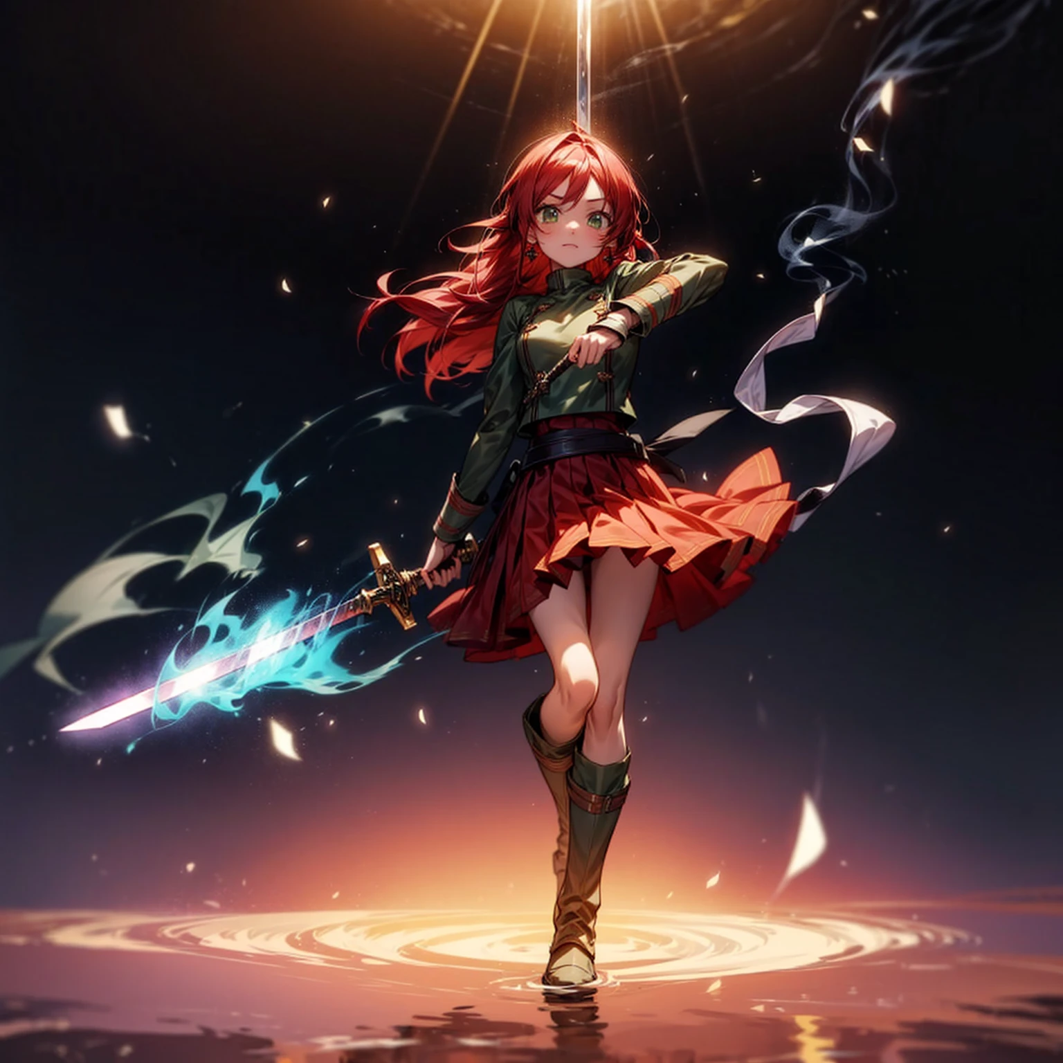 1girl, Full body version, 1character, character is girl, green eyes color, long hairstyle, red colour hair, soldier style clothing, Long skirt, long socks, long boots, red earrings, two gold sword in two hand, full armors in body, full background, Grassroots, background in town, motion blur, shadow, standing gesture, sword emits a black aura, smoke, blue fire, lighting sword, lighting hologram, satan, lighting blue fire