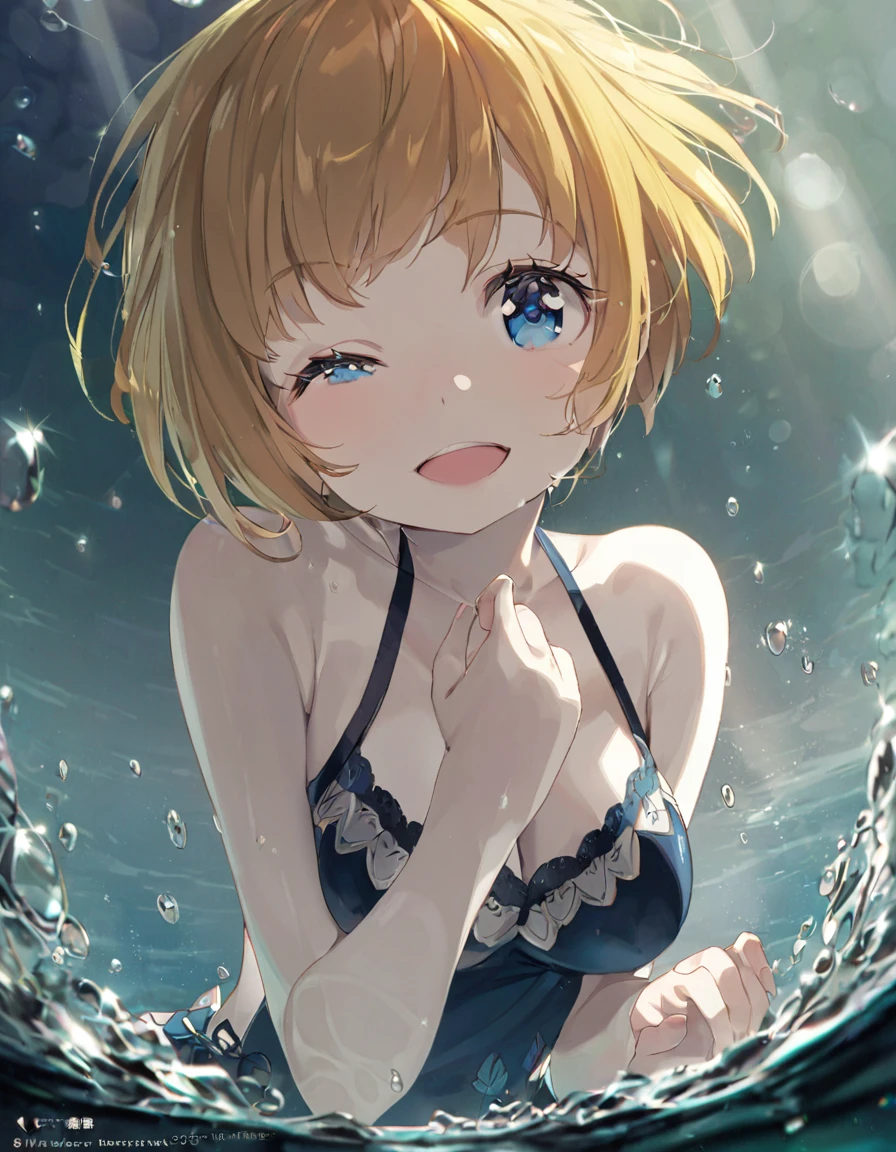 A cute girl in a swimsuit(original bikini swimsuit)(Small body) (:1.5), (blonde:1.5)(eyelash:1.2)(eye shadow:1.3) (Blue eyes:1.5), (Beautiful fine details:1.4) (Short Bob Hair:1.4), (Blue eyes)(Big Breasts:1.3) (White skin:1.2)Height: 130cm, original character, Fantasy, View Viewer Art: (A girl with beautiful deep eyes. The depth of field in the photo is perfect、Lens flares create a nice atmosphere. The details of her face really stand out, This photo definitely gets a 10 or more.. background, There is a beautiful sea with crystal clear water and water droplets floating on the surface. Laughing happily
