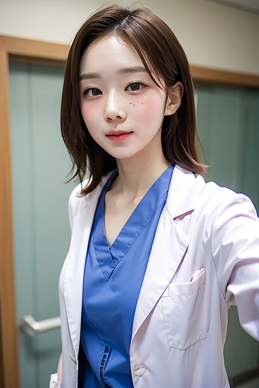 ((Highest quality)), ((masterpiece)), sexly, cheeks blush, shy face, docter's white coat, hospital scrubs, glance up