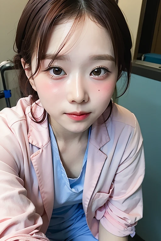 ((Highest quality)), ((masterpiece)), sexly, cheeks blush, shy face, docter's white coat, hospital scrubs, glance up