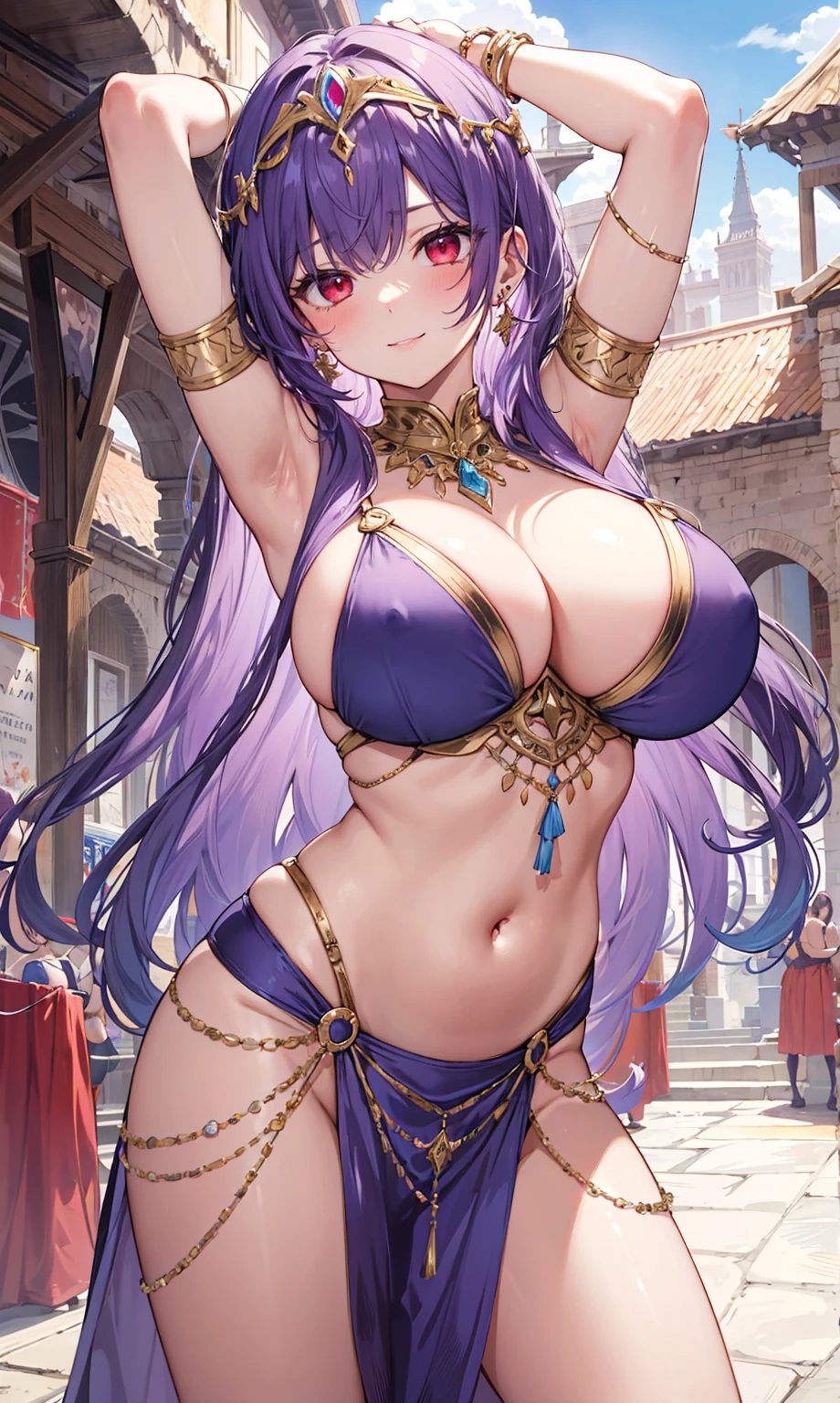 high quality, ultra detailed, best quality, insanely detailed, beautiful, masterpiece, 1girl, medieval plaza, cowboy shot, red eyes, long hair, purple hair, belly dancer, circlet, earrings, armlets, bracelets, bashful smile, large breasts, cleavage, soft stomach