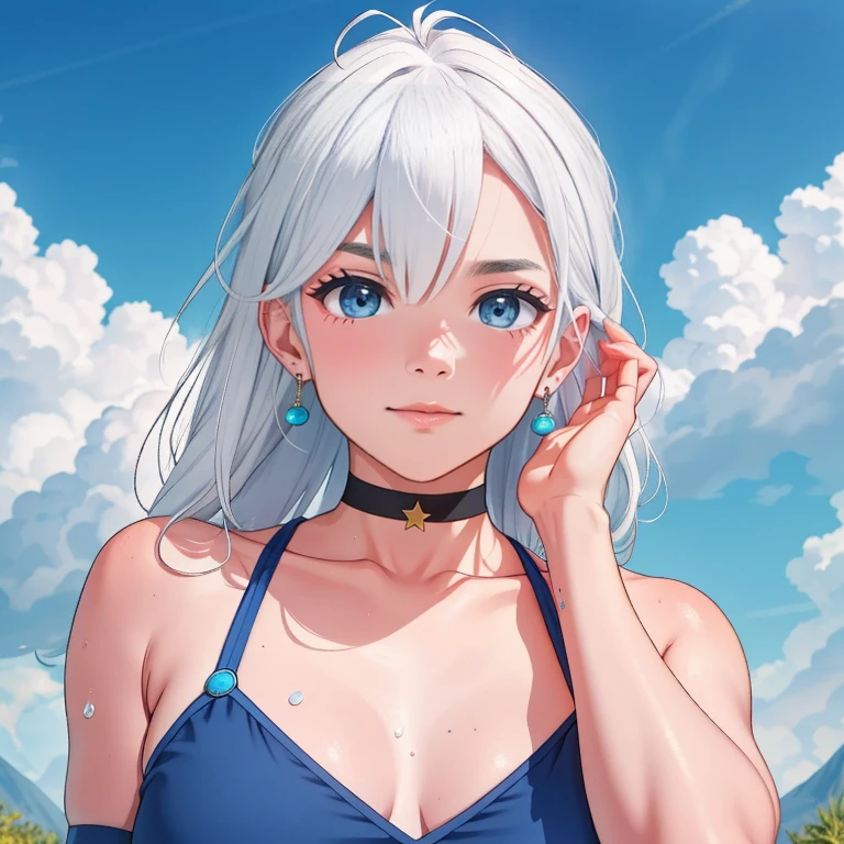 1 ,Blue Pupil,toenails,hand on own face,White hair,sky blue eyes,(blush:1.1),choker,blue sky,lesbian full body，shivering,sweat,Gotas de sweat,dream magical,(speed line:1.1),medium breasts, ((rough breathing:1.3)), cure, butterfly earrings, top cut, pleasure, loud and cold，high quality 4k