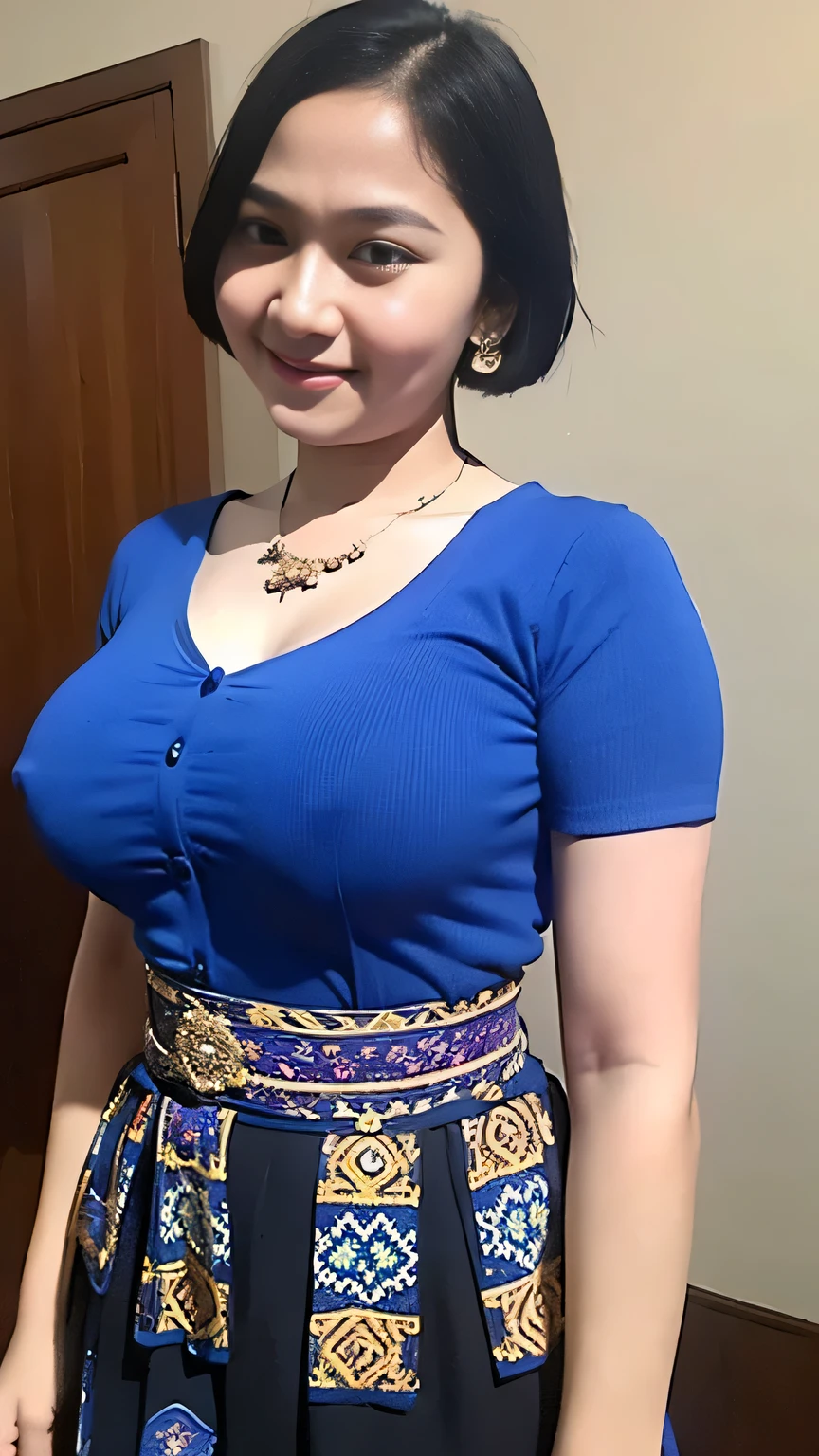 (realistic:1.3), A beauty girl with tattoos on body, beautiful art tattoo detailed, ((text tattoo on her body: Fuck Me)), detailed beautiful eyes, big breast, cute chubby, baby face, insane detailed, quality, (masterpiece:1.2), (photorealistic:1.2), (best quality), (detailed skin:1.3), (intricate details), ray tracing, ((half body)), (((1girl))), (((1 person))), 20 years old, short hair, smile, blue dress, skirt with pattern, color contrast between the dress and the skirt, skirt pattern, earrings, necklace, Javanese ornament, (blurred background)