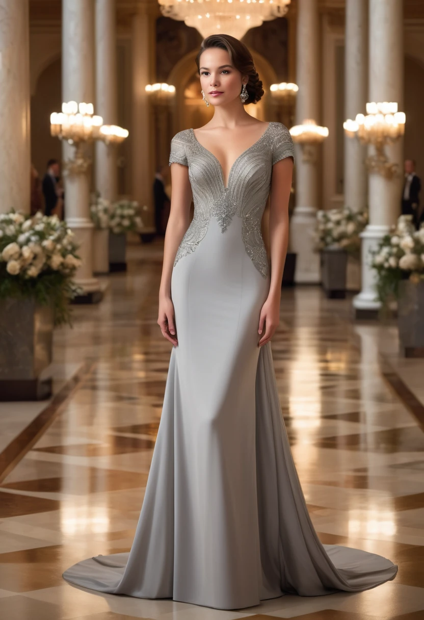Full length ,"A young woman in an elegant, light grey evening gown short sleeve attending a formal event. She is wearing a uniquely designed and beautiful dress, complemented by luxurious jewelry and accessories. The background features a grand and lavish hall with warm, inviting lighting, showcasing a scene of splendor and beauty."