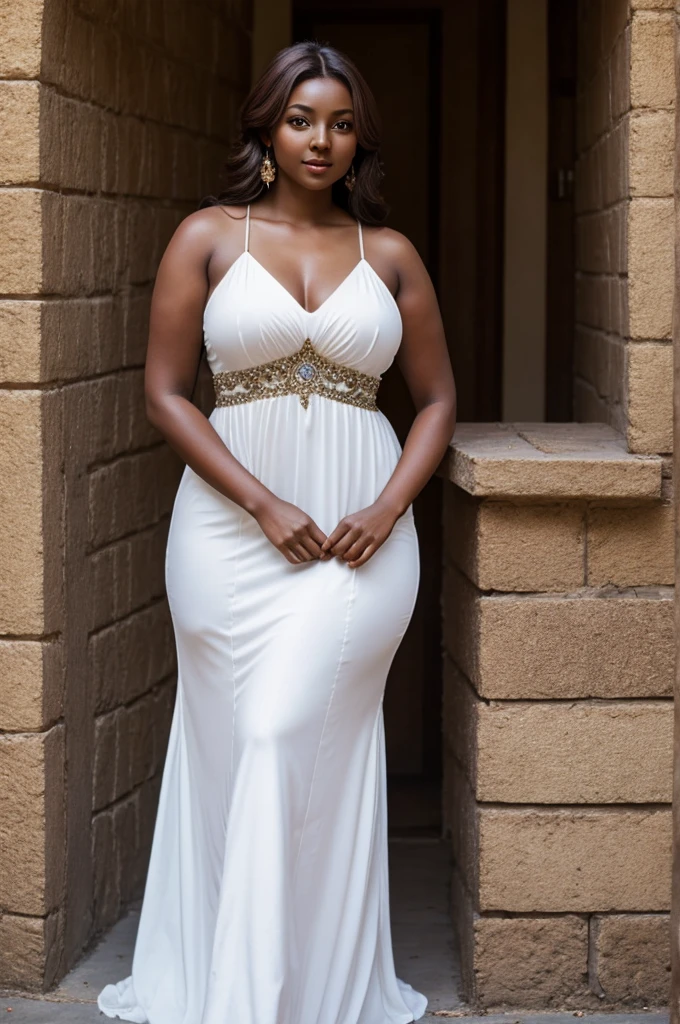 dark skin woman in her 20’s, fairy, brown hair, white eyes, curvy, long dress