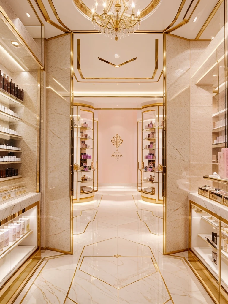 An ethereal-looking, big, classy, luxurious, well-known perfume shop, with a “zethereal”  logo, with color soft pink, a bit of gold, and white 