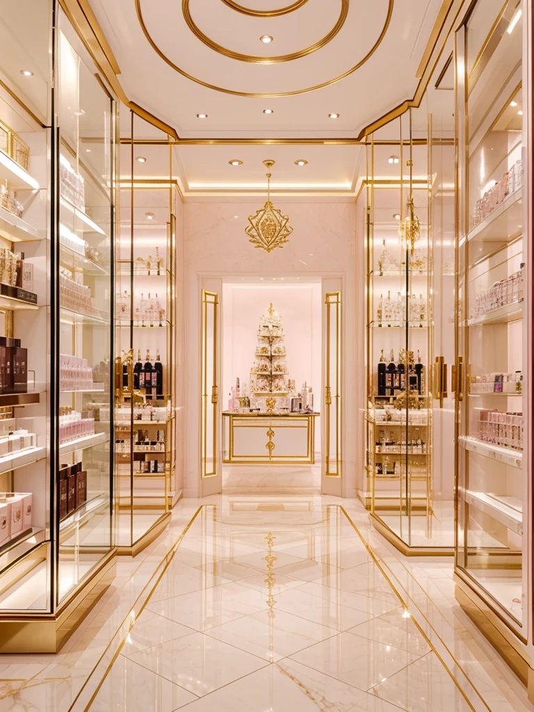 An ethereal-looking, big, classy, luxurious, well-known perfume shop, with a “zethereal”  logo, with color soft pink, a bit of gold, and white 