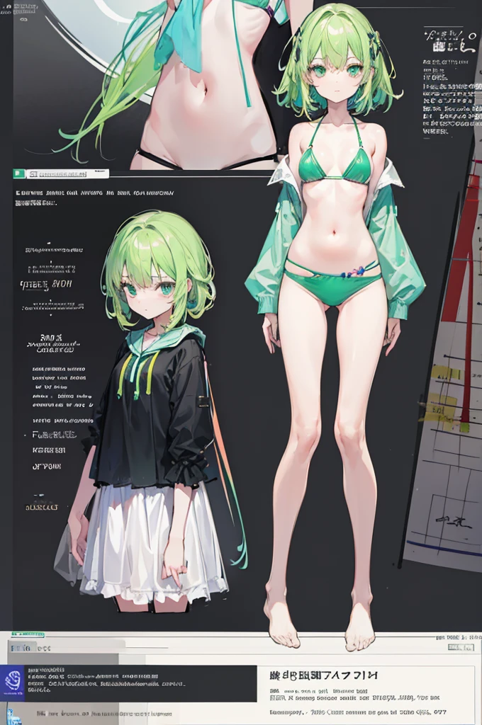 multiple views, pencil sketch, (sketch:1.25), (,small breasts,), ((no shoes)), shy, best quality, graphite \\(medium\\), green bikini, gradient, rainbow, note, Line draft, highres, absurdres, (ultra-detailed:1.1), (illustration:1.1), (infographic:1.2), pajamas, (all clothes configuration:1.15), (solo), perfectly drawn hands, standing, cohesive background, paper, action, (character design:1.1), beltbra, corin, 1girl,