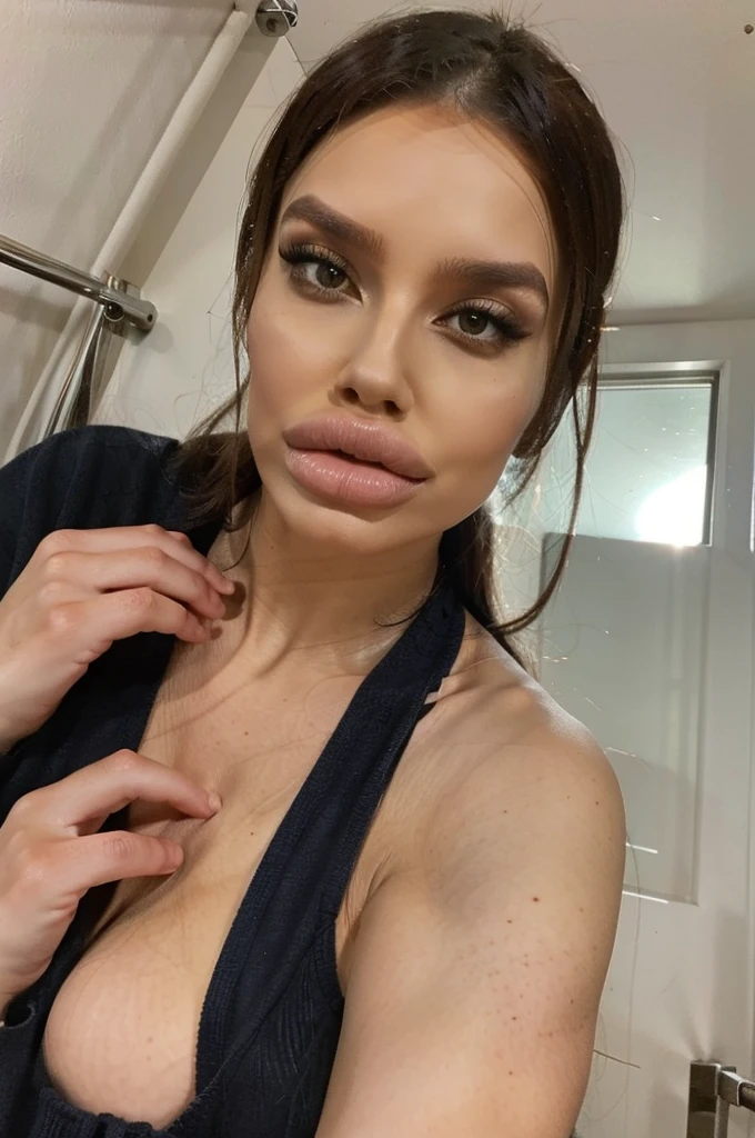 1girl, standing, beautiful face, lips, dimples, cheekbones, face focus, (photorealistic:1.2), enormous lips