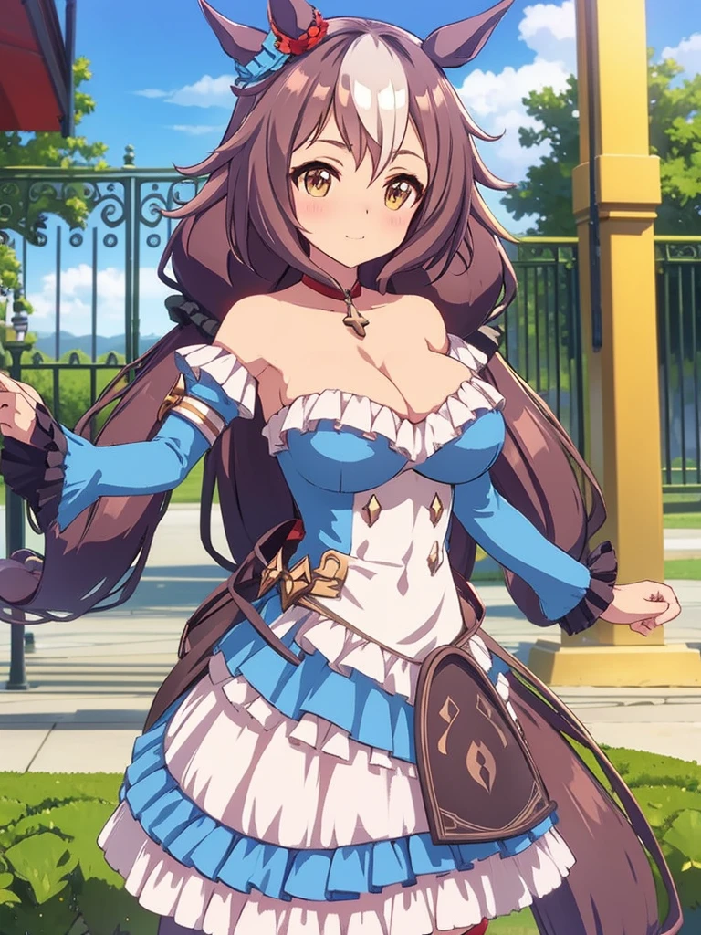 masterpiece, best quality, high quality, detailed, exquisite, beautiful, (((yamanin zephyr,)))(((umamusume,))) long hair, low twintails, hair between eyes, shiny hair, brown hair, golden eyes, droopy eyes, tareme, pale skin, shiny skin, glamorous, voluptuous, blush, teenager, gigantic breasts, maid dress,