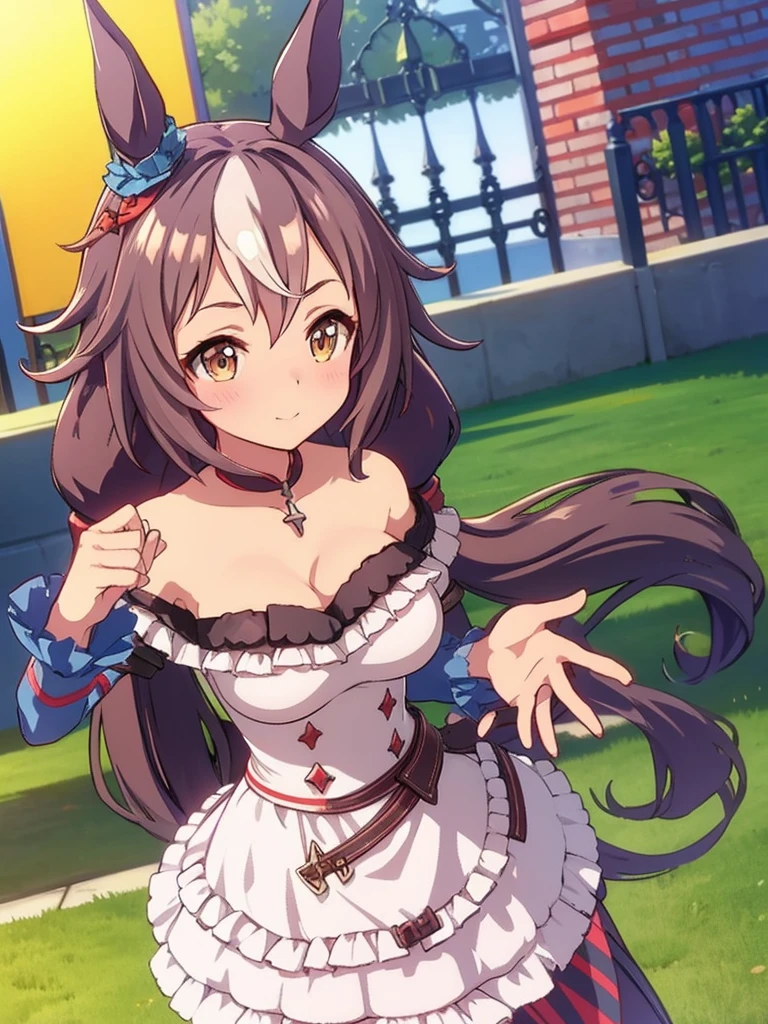 masterpiece, best quality, high quality, detailed, exquisite, beautiful, (((yamanin zephyr,)))(((umamusume,))) long hair, low twintails, hair between eyes, shiny hair, brown hair, golden eyes, droopy eyes, tareme, pale skin, shiny skin, glamorous, voluptuous, blush, teenager, gigantic breasts, maid dress,