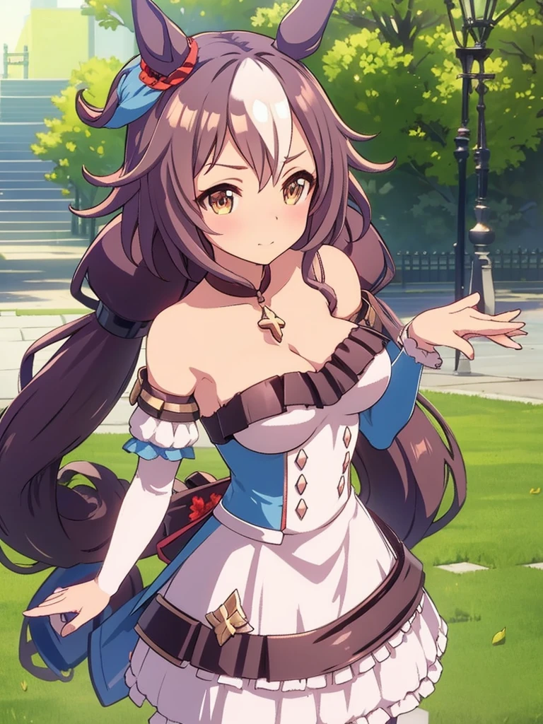 masterpiece, best quality, high quality, detailed, exquisite, beautiful, (((yamanin zephyr,)))(((umamusume,))) long hair, low twintails, hair between eyes, shiny hair, brown hair, golden eyes, droopy eyes, tareme, pale skin, shiny skin, glamorous, voluptuous, blush, teenager, gigantic breasts, maid dress,