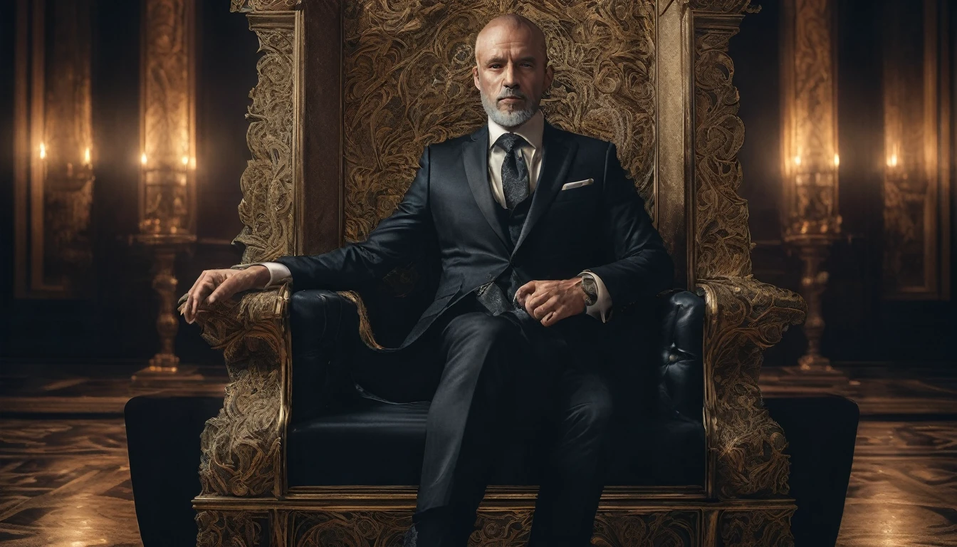 MAN IN A BLACK SUIT ON A THRONE SITTING dark: epic realistic, soft cinematic portrait, adobe lightroom, photo lab, highly detailed, faded, (neutral colors: 1.2), (hdr: 1.4), (soft colors: 1.2) ), hyper-detailed, (artstation:1.4), cinematic, warm lights, dramatic light, (intricate details:1.1), complex background, (rutkowski:0.66), (blue and orange:0.4)