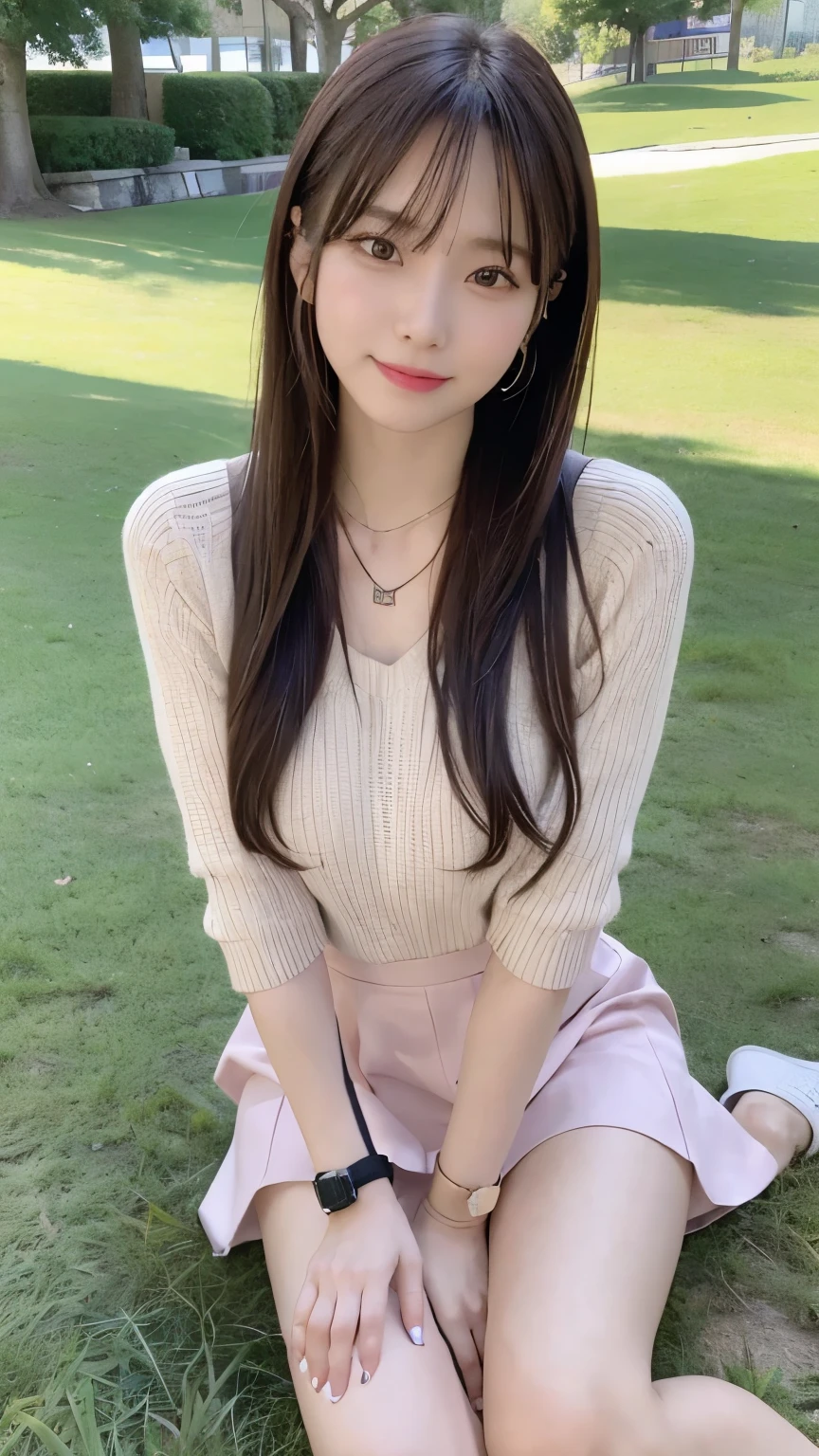 (8k, RAW photo, best quality, masterpiece:1.2), (realistic, photo-realistic:1.4), (extremely detailed 8k wallpaper),
professional lighting,
sharp focus, depth of field, blur background, bokeh, wide shot,
full body, 
Japanese high school girl, slender,
on the grass, sitting,
park, dating,
Daytime,
brown long long hair, messy hair,
pink sweater, Mini skirt,  
watch, Piercing, bangle, necklace, ring,
laugh,