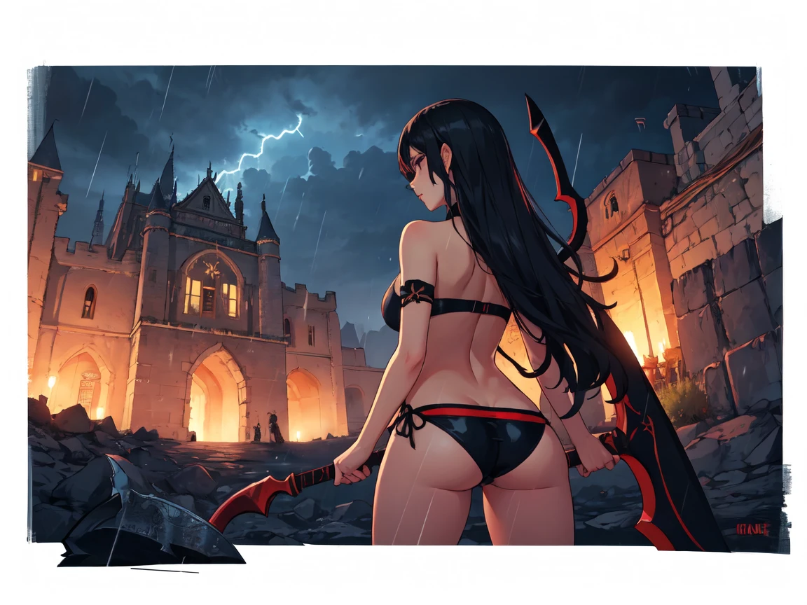 dark castle, horizon, night, rain, lightning, storm, dungeon, catacomb, dark, a woman with long hair in a combat stance with her back looking at the castle on the horizon with a bikini, holding a scythe,