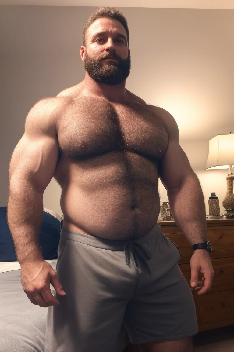 8K HDR Very Realistic Real Very Detailed High Quality 8K HDR Very Realistic 46 year old daddy rugged bodybuilder muscle bears man, 8KHDR very realistic detailed hairy, 8KHDR very realistic beared big daddy muscle bear, and 8KHDR very realistic detailed rugged burly man in shorts. 8KHDR Very Realistic legs, 8KHDR very realistic hair, 8KHDR very realistic beards, 8KHDR very realistic thick chubby fat neck, 8KHDR very realistic neck lines, 8KHDR very realistic detailed neck, 8KHDR very realistic belly, 8KHDR very realistic burly chest, 8KHDR very realistic detailed hairy burly strong chest and arms, 8KHDR very realistic detailed hairy burly strong chest and arms, 8KHDR very realistic pecs, 8KHDR very realistic burly muscle bear body, 8KHDR very realistic nipples, 8KHDR very realistic burly muscle bear body, 8KHDR very realistic face, 8KHDR very realistic detailed face, 8KHDR very realistic eyes, 8KHDR very realistic detailed eyes, 8KHDR very realistic pupils, 8KHDR very realistic detailed pupils, 8KHDR very realistic head, 8KHDR very realistic waist, 8KHDR very realistic facial features, 8KHDR very realistic burly arms, 8KHDR very realistic elbows, 8KHDR very realistic hands, 8KHDR very realistic pecs, 8KHDR very realistic belly, 8KHDR very realistic human man body, 8K HDR very realistic bellybutton, 8KHDR very realistic wrists, 8KHDR very realistic fingers, 8KHDR very realistic fingernails, 8KHDR very realistic shoulders, 8KHDR very realistic mouth, 8KHDR very realistic lips, 8KHDR very realistic mens clothing, 8KHDR very realistic detailed mens clothing. 8KHDR Very Realistic Hairy Bearded Burly Muscle bear Photoshoot, 8KHDR A very realistic burly muscle bear man in a bedroom, 8KHDR Very Realistic Intricately Detailed, 8KHDR very realistic detailed bedroom surroundings, 8KHDR very realistic surroundings lighting, No Deformities, captured with a 85mm lens, 8K HDR Very Realistic, 8K HDR Clear HDR Quality full with very realistic real details