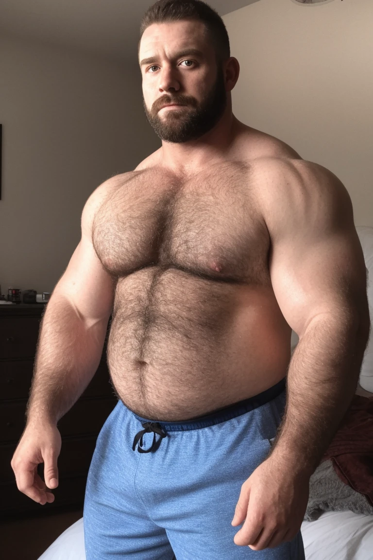 8K HDR Very Realistic Real Very Detailed High Quality 8K HDR Very Realistic 46 year old daddy rugged bodybuilder muscle bears man, 8KHDR very realistic detailed hairy, 8KHDR very realistic beared big daddy muscle bear, and 8KHDR very realistic detailed rugged burly man in shorts. 8KHDR Very Realistic legs, 8KHDR very realistic hair, 8KHDR very realistic beards, 8KHDR very realistic thick chubby fat neck, 8KHDR very realistic neck lines, 8KHDR very realistic detailed neck, 8KHDR very realistic belly, 8KHDR very realistic burly chest, 8KHDR very realistic detailed hairy burly strong chest and arms, 8KHDR very realistic detailed hairy burly strong chest and arms, 8KHDR very realistic pecs, 8KHDR very realistic burly muscle bear body, 8KHDR very realistic nipples, 8KHDR very realistic burly muscle bear body, 8KHDR very realistic face, 8KHDR very realistic detailed face, 8KHDR very realistic eyes, 8KHDR very realistic detailed eyes, 8KHDR very realistic pupils, 8KHDR very realistic detailed pupils, 8KHDR very realistic head, 8KHDR very realistic waist, 8KHDR very realistic facial features, 8KHDR very realistic burly arms, 8KHDR very realistic elbows, 8KHDR very realistic hands, 8KHDR very realistic pecs, 8KHDR very realistic belly, 8KHDR very realistic human man body, 8K HDR very realistic bellybutton, 8KHDR very realistic wrists, 8KHDR very realistic fingers, 8KHDR very realistic fingernails, 8KHDR very realistic shoulders, 8KHDR very realistic mouth, 8KHDR very realistic lips, 8KHDR very realistic mens clothing, 8KHDR very realistic detailed mens clothing. 8KHDR Very Realistic Hairy Bearded Burly Muscle bear Photoshoot, 8KHDR A very realistic burly muscle bear man in a bedroom, 8KHDR Very Realistic Intricately Detailed, 8KHDR very realistic detailed bedroom surroundings, 8KHDR very realistic surroundings lighting, No Deformities, captured with a 85mm lens, 8K HDR Very Realistic, 8K HDR Clear HDR Quality full with very realistic real details