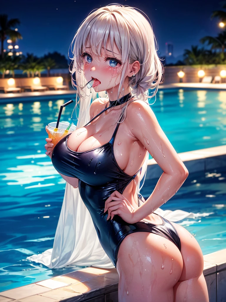 Highest quality,Highest Resolution,A crying beauty in a super high-cut swimsuit,Night Pool,Night view,Back view,up,Very beautiful eyes,(((Drink a drink))),(((Open your mouth and drool))),(((Sweat profusely)))Tears,Big Breasts,(((Tback)))