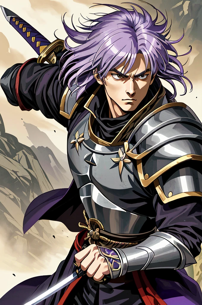 Highest quality,High resolution,((Bosel_Langrisser)) ,mask,(隠れたface),Fist of the North Star,samurai,One person,warrior,armor,(black_coat),male,One personで,Middle Age,(face_Wrinkles),(Purple Hair Color),Swordsman,strongest,Anime Style,(Limbs),(Full Finger),(Accurate fingertips), (The finer details), (Super detailed),(Japanese sword:),4K,(high resolution),whole body, (Front angle), Looking at the camera,masterpiece,(Subtle details),(Intricate details),Octane Rendering,(Hyper Detail),