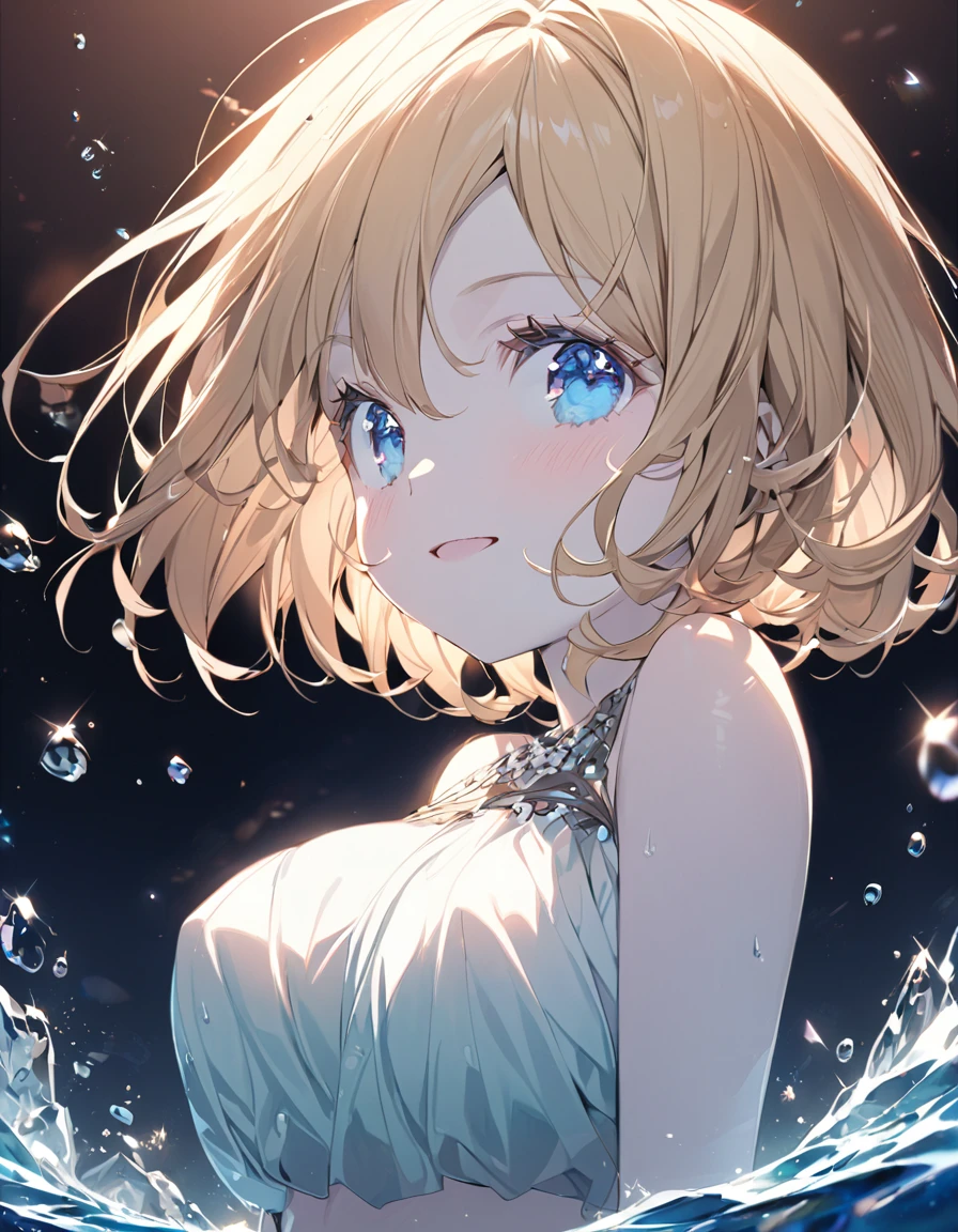 A cute girl in a swimsuit(original bikini swimsuit)(Small body) (:1.5), (blonde:1.5)(eyelash:1.2)(eye shadow:1.3) (Blue eyes:1.5), (Beautiful fine details:1.4) (Short Bob Hair:1.4), (Blue eyes)(Big Breasts:1.3) (White skin:1.2)Height: 130cm, original character, Fantasy, View Viewer Art: (A girl with beautiful deep eyes. The depth of field in the photo is perfect、Lens flares create a nice atmosphere. The details of her face really stand out, This photo definitely gets a 10 or more.. background, There is a beautiful sea with crystal clear water and water droplets floating on the surface. Laughing happily