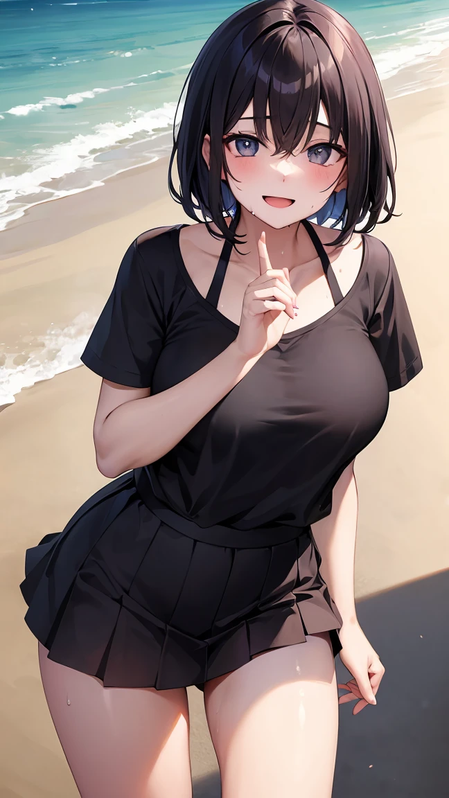 18 year old girl。The body is curvaceous、have huge breasts、Smiling, with clear eyes and an open mouth。The skin is glowing、Sweat is dripping。She has short black hair and bright black eyes.、Wearing a summer shirt。A skirt fluttering in the wind。It depicts a person walking on the beach.、There is a shadow of a rock behind。Both hands are clasped behind the back。