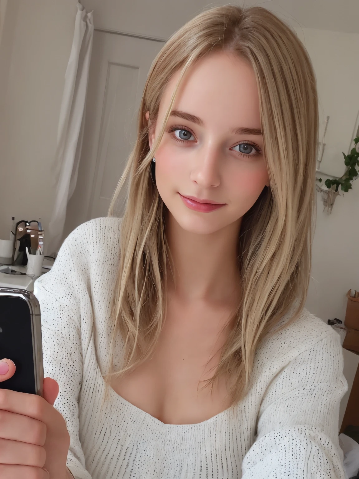 Beautiful young woman taking a selfie, Taken with iPhone camera、Swedish beauty