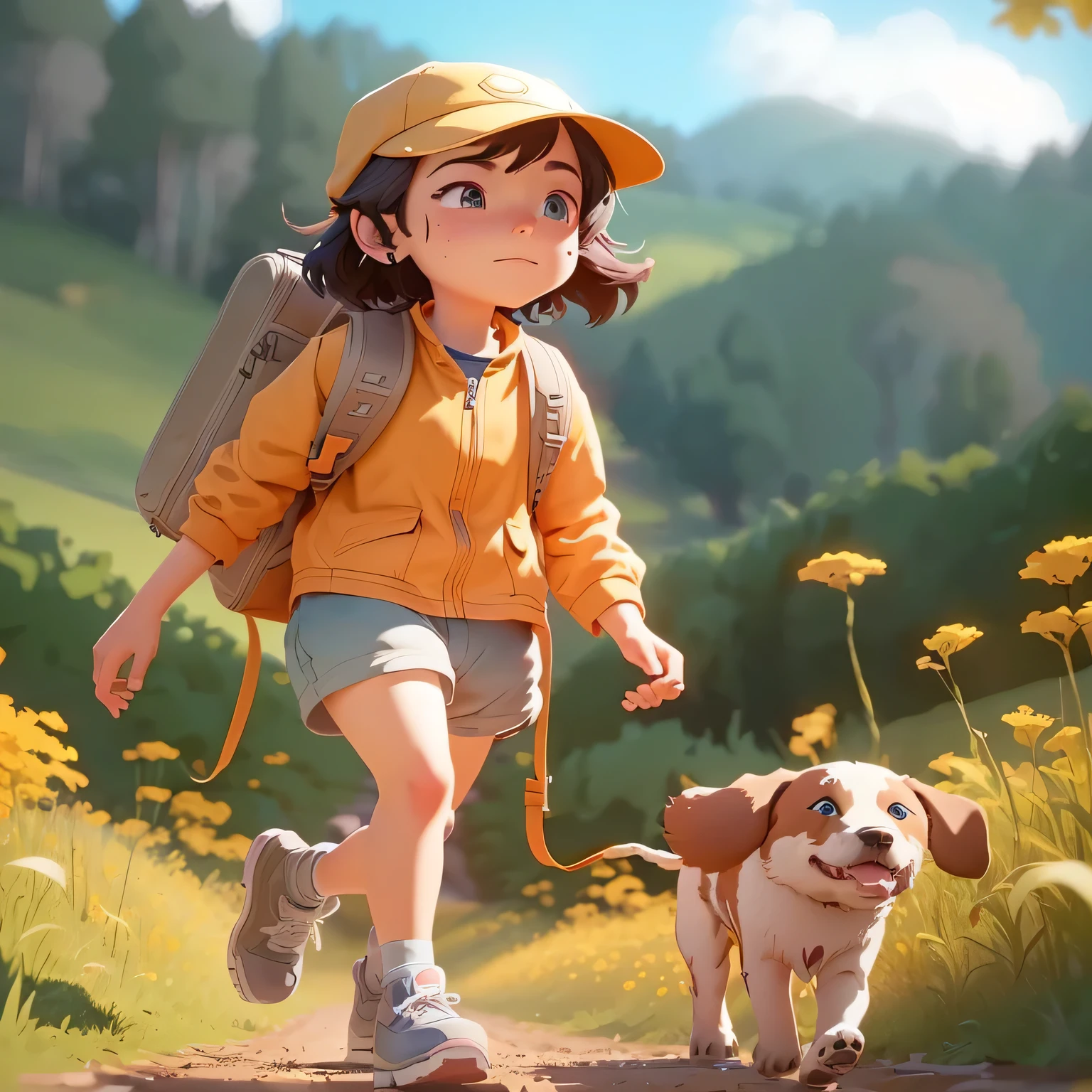 Cartoon boy walking with a dog on a path in a field, small character. Unreal Engine 5, Rendering in animation style, atey ghailan 8 k, Children&#39;s art in the art station, Adventure hyperrealistic rendering, adorable digital painting, cute 3 d render, cute detailed digital art, female explorer mini cute boy, inspired by Atey Ghailan