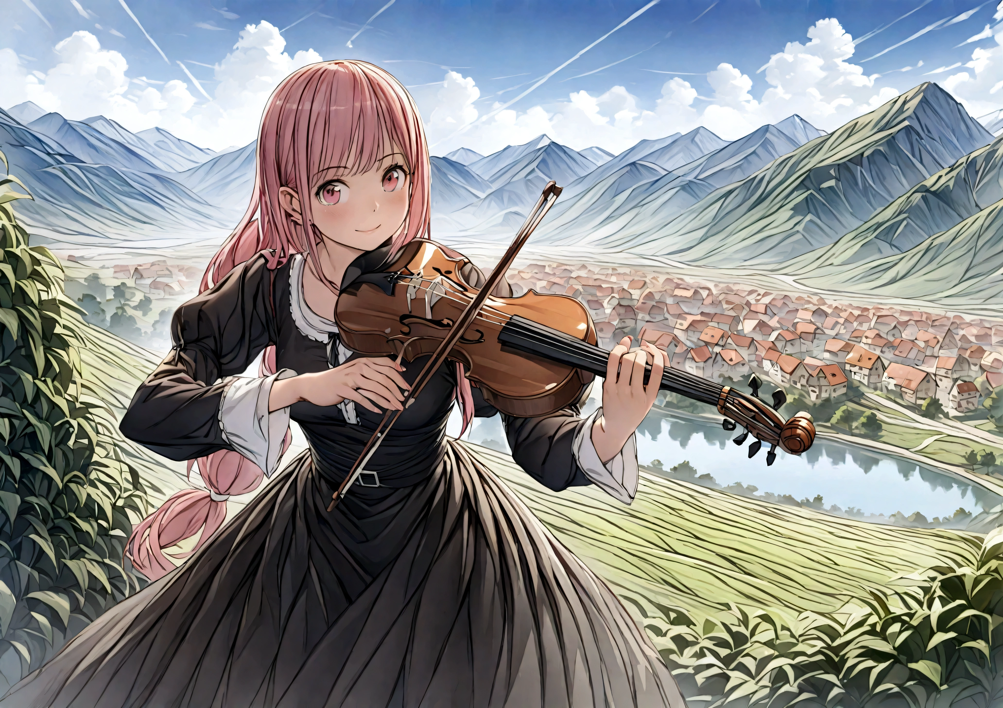 (((Top quality, 4k, 8k, high resolution, masterpiece: 1.2))), (super detailed), (realistic), (photorealistic), (photorealistic: 1.37), (HDR, UHD), (studio (lighting)), ultra-fine drawing, sharp focus, physically based rendering, highly detailed, professional, vibrant colors, perfect ditaile hand, highly detailed realistic eyes, anime, cartoon, 

(((Long shot, Panorama, Distant view, Vast landscape))), knees, feet, looking at viewer,

girls, multiple girls, 
short hair, medium hair, medium length, long hair, ponytail, 
red hair, blue hair, blonde hair, green hair, pink hair, 

medieval European clothing, Citizen's Clothing from Medieval Europe, miniskirt, mid-length skirt, long skirt, chinos pants, 

playing the guitar, playing the lute, playing the violin, playing the flute, playing the drums, 

Medieval European town, Medieval European rural village, Rural grassland, Mountain view, Rural river, Irrigation canal, 

