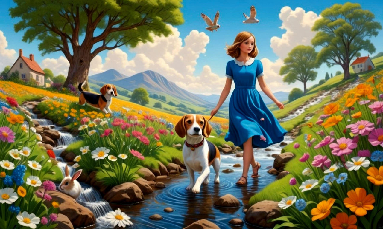 Create a scene of her in the blue dress and a beagle crossing a stream, climbing a hill and walking through a flower field, accompanied by an owl in a tree and a rabbit in front.