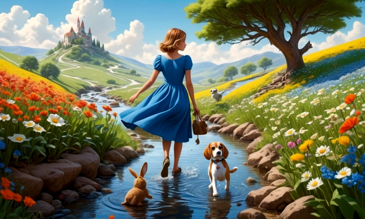 Create a scene of her in the blue dress and a beagle crossing a stream, climbing a hill and walking through a flower field, accompanied by an owl in a tree and a rabbit in front.