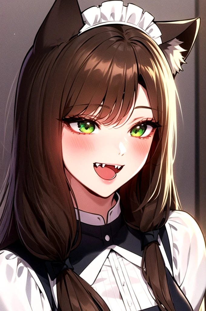 masterpiece, best quality, manhwa-artstyle, 1girl, solo, long hair, blush, smile, open mouth, brown hair, animal ears, green eyes, fang, animal ear fluff, fangs, wolf ears, portrait, beautiful girl、Maid Cafe、Maid clothes、Upper body is shown、Dazzling smile、