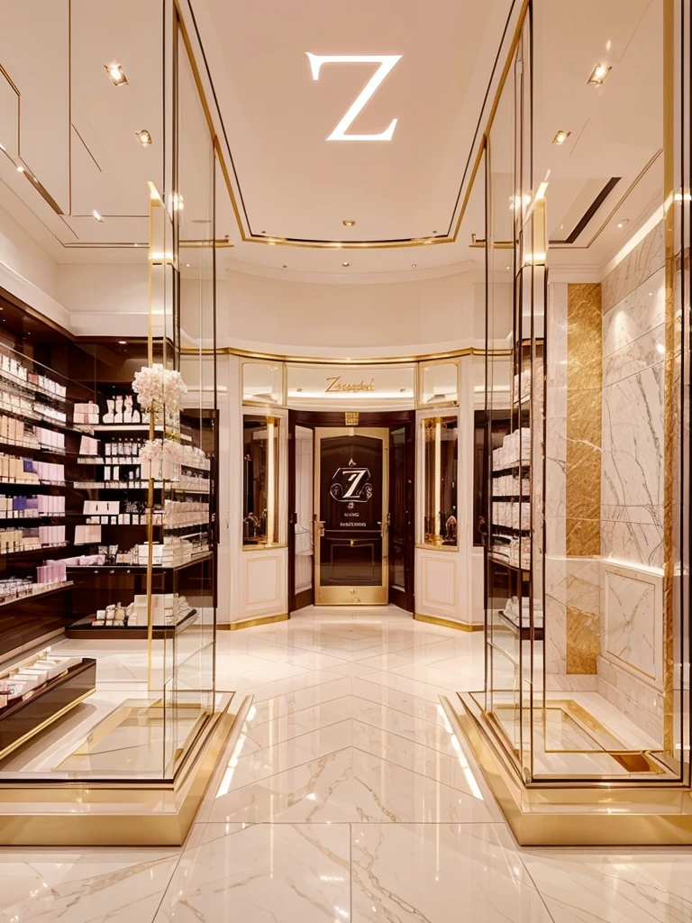 An ethereal-looking, big, classy, luxurious, well-known perfume shop, with a letter Z logo, with color soft pink, a bit of gold, and white