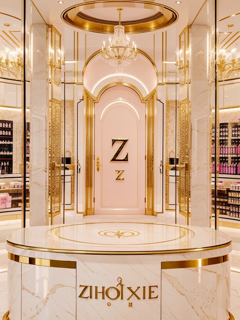 An ethereal-looking, big, classy, luxurious, well-known perfume shop, with a letter Z logo, with color soft pink, a bit of gold, and white