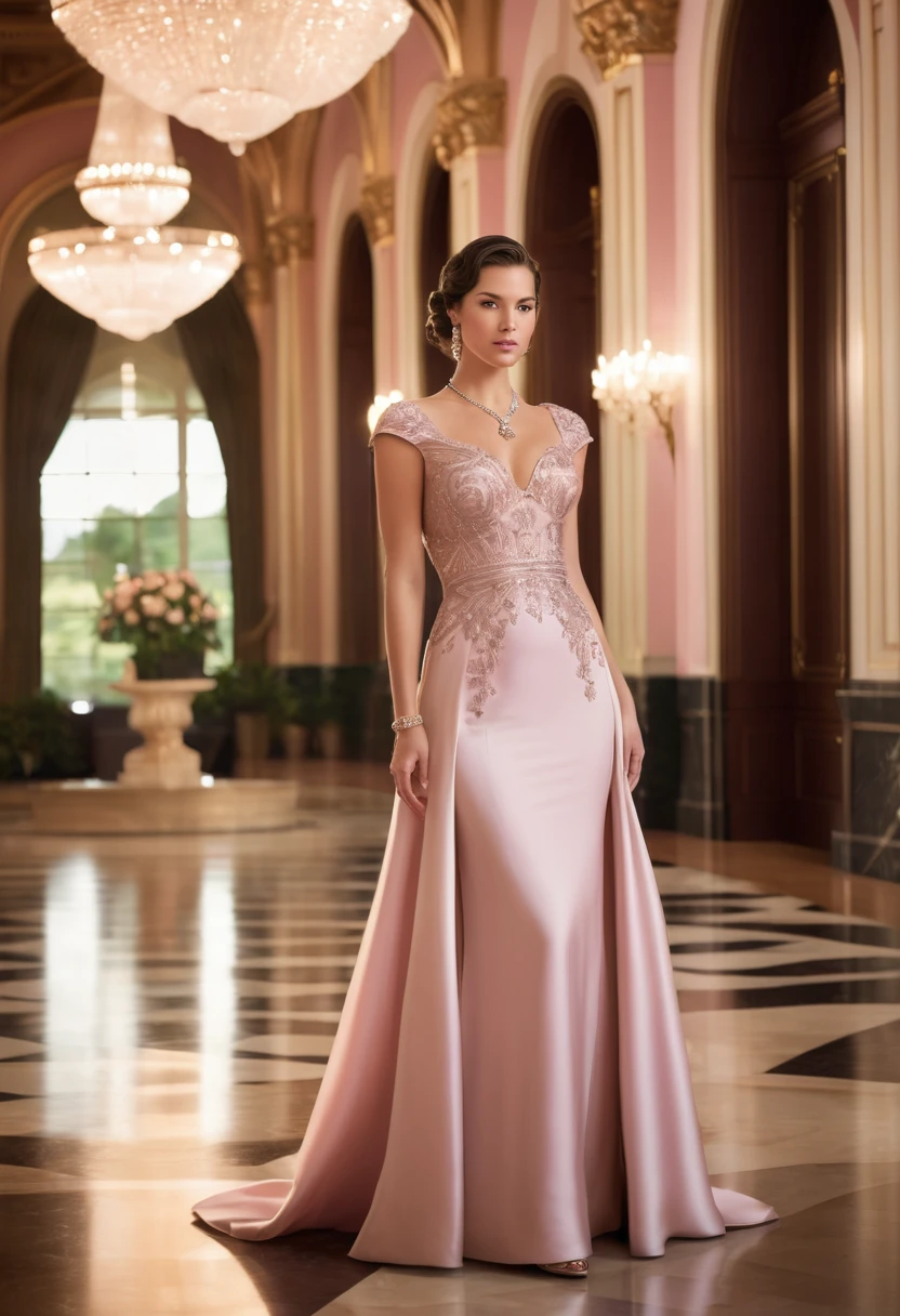 Full length ,"A young woman in an elegant,  light pink evening gown  short sleeve attending a formal event. She is wearing a uniquely designed and beautiful dress, complemented by luxurious jewelry and accessories. The background features a grand and lavish hall with warm, inviting lighting, showcasing a scene of splendor and beauty."