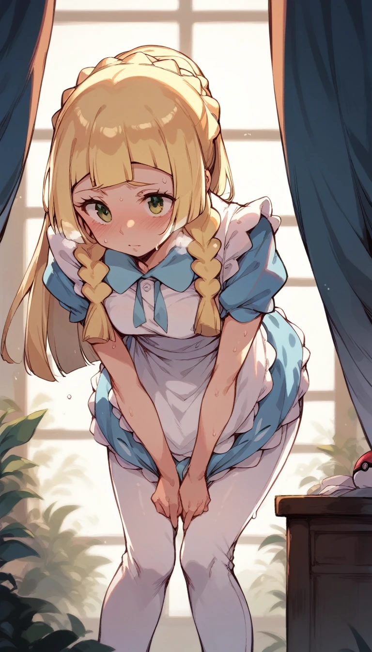 nsfw,1 person,Sweat,White Breath,solo,,Pokémon,Lillie,Groin bulge,Maid clothes,Showing off your pants,Leaning forward,room,