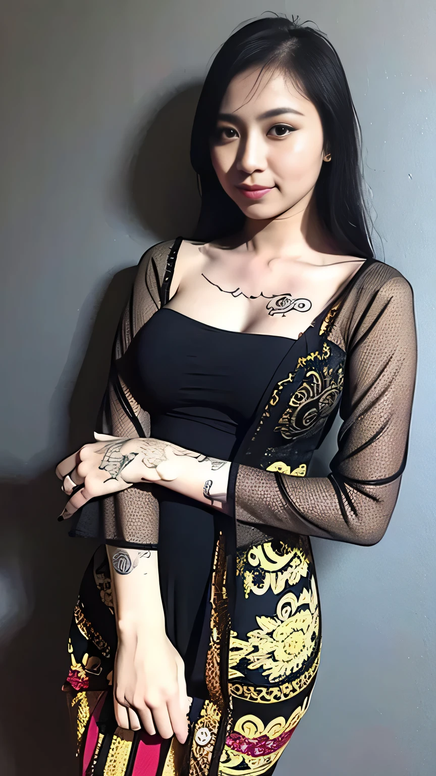 A beauty girl with tattoos on body, Wearing kebaya dress, beautiful art tattoo detailed, ((text tattoo on her body:LOVE)), detailed beautiful eyes, big breast, realistic 