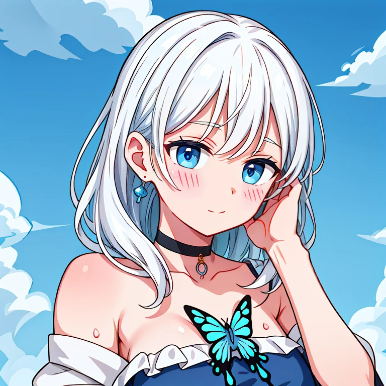 1 ,Blue Pupil,toenails,hand on own face,White hair,sky blue eyes,(blush:1.1),choker,blue sky,lesbian full body，shivering,sweat,Gotas de sweat,dream magical,(speed line:1.1),medium breasts, ((rough breathing:1.3)), cure, butterfly earrings, top cut, pleasure, loud and cold，high quality 4k