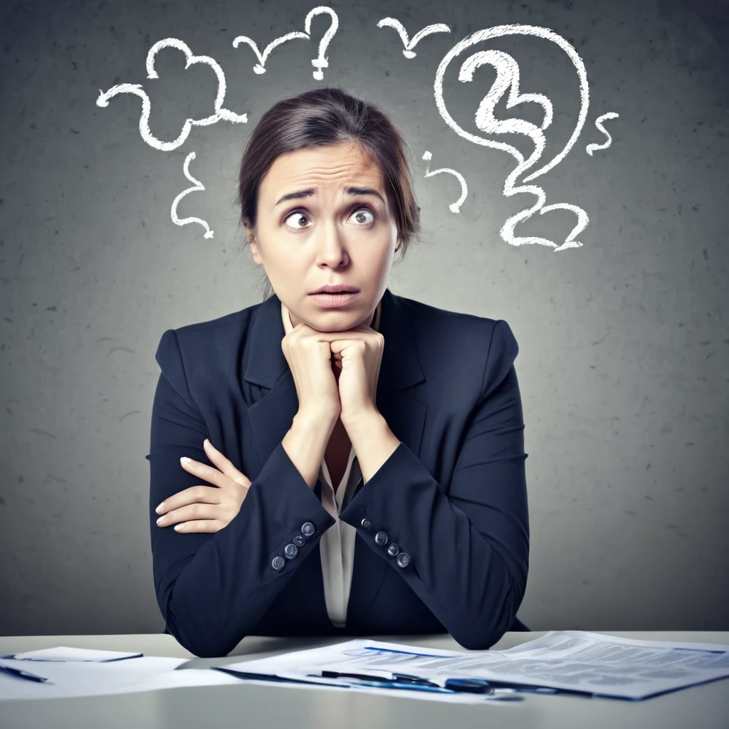 sad businesswoman with doubts needs help
