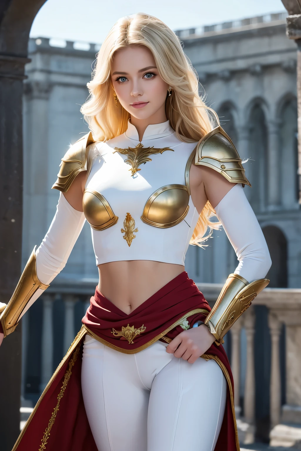 8K,Tall female royal paladin,so beautiful(Like the real thing),Blonde curly hair,smile,Green Eyes,Gorgeous red and white breastplate,Luxury White Combat Pants,Muscular and slim body,Toned Abs,masterpiece,Photorealistic RAW photos of the highest quality。Bright colors,Rich colors, Backlight, Cinema Lighting, Film Grain, to be born, 50mm lens, Nikon D850,Realistic Skin,Fantasy art,Character Art,Ultra-high resolution,Realistic scale skins,Perfect hand shape,View your viewers,Royal Palace Courtyard,long, Silver sword on waist.,Luxurious white shoulder pads,Luxury White Gauntlets,luxurious white waist armor,Luxurious white leg armor,