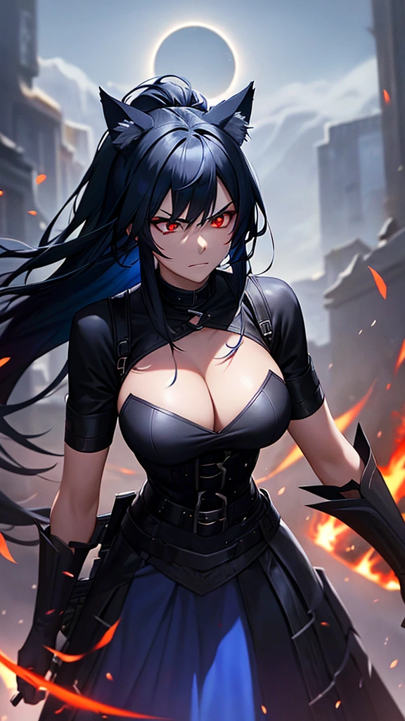 An adult woman, half wolf, black and blue hair, black ears, shining red eyes, wearing a black and blue dress, very angry, wide breasts, holding a sword, In the background having a Solar Eclipse