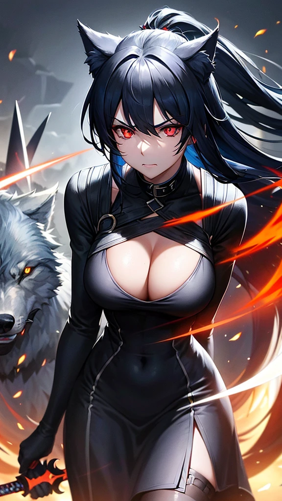 An adult woman, half wolf, black and blue hair, black ears, shining red eyes, wearing a black and blue dress, very angry, wide breasts, holding a sword, In the background having a Solar Eclipse