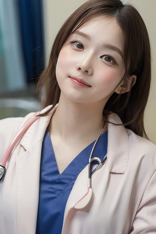 ((Highest quality)), ((masterpiece)), sexly, cheeks blush, shy face, docter's white coat, hospital scrubs, glance up