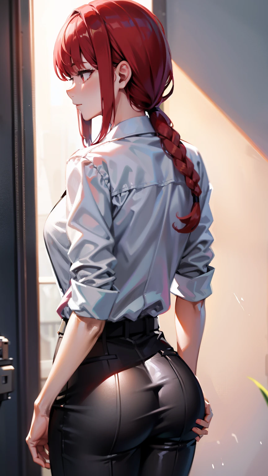 Girl with red hair and a white shirt and a black tie and black pants showing her ass to the camera