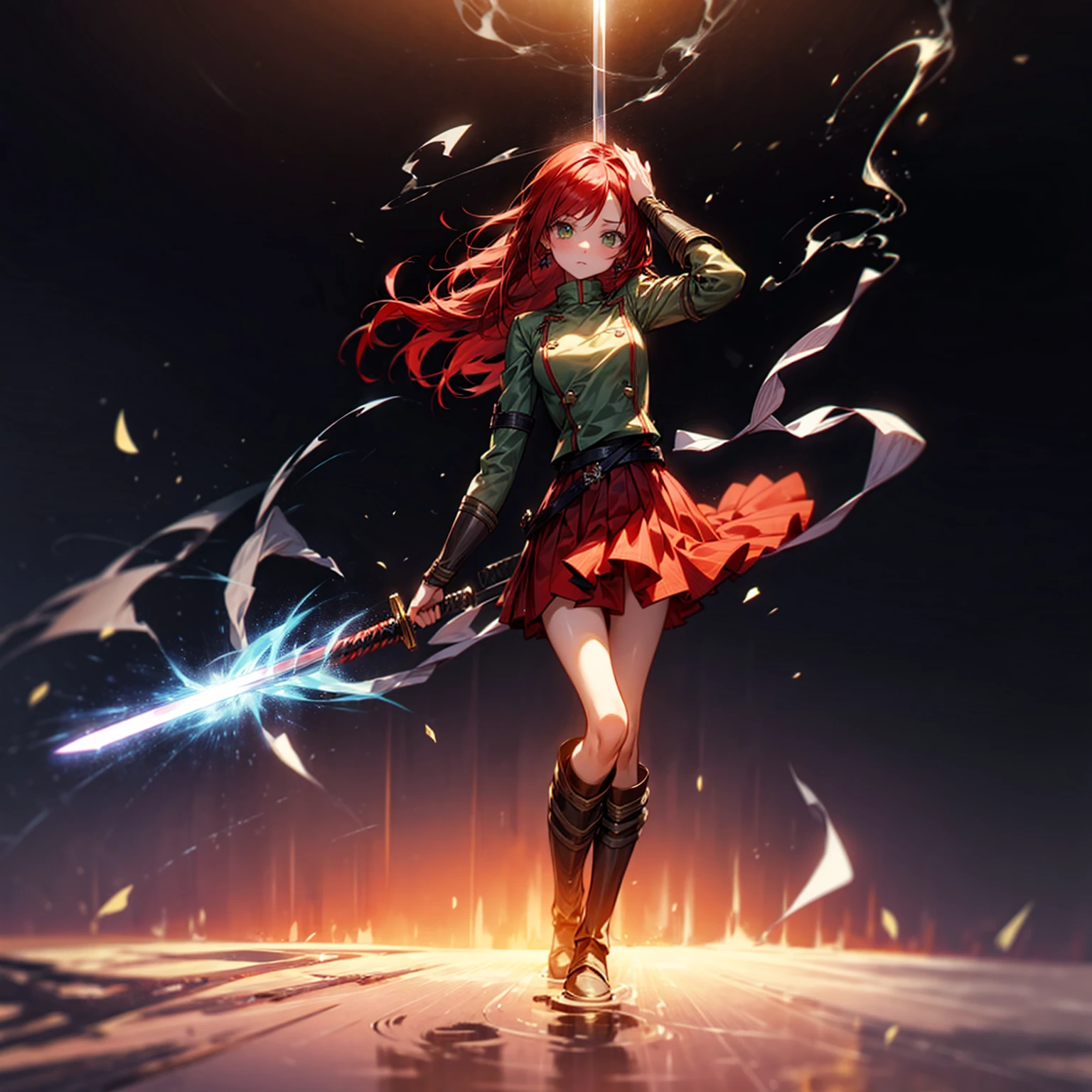 1girl, Full body version, 1character, character is girl, green eyes color, long hairstyle, red colour hair, soldier style clothing, Long skirt, long socks, long boots, red earrings, two gold sword in two hand, full armors in body, full background, Grassroots, background in town, motion blur, shadow, standing gesture, sword emits a black aura, smoke, blue fire, lighting sword, lighting hologram, satan, lighting blue fire