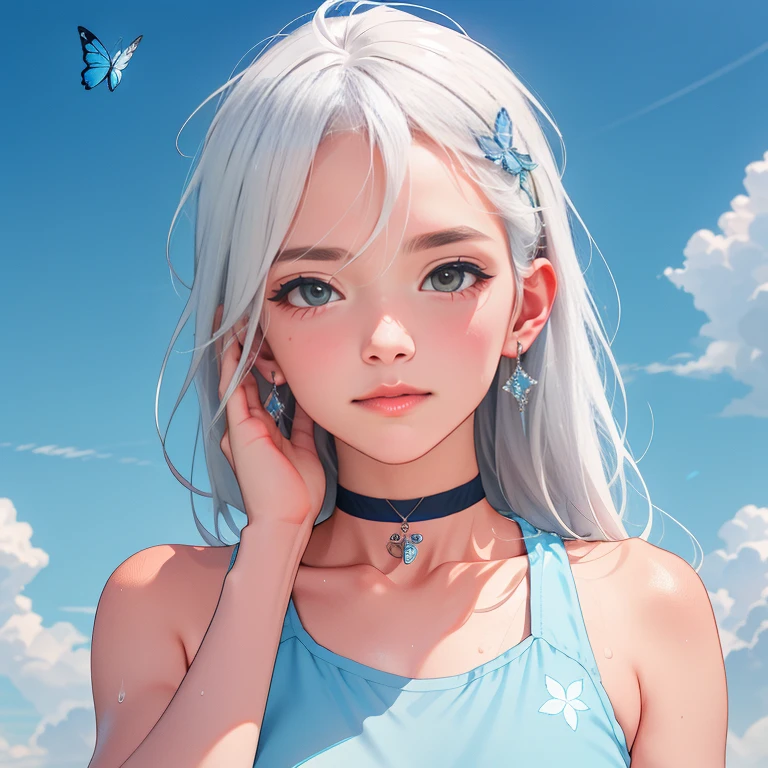 1 ,Blue Pupil,toenails,hand on own face,White hair,sky blue eyes,(blush:1.1),choker,blue sky,lesbian full body，shivering,sweat,Gotas de sweat,dream magical,(speed line:1.1),medium breasts, ((rough breathing:1.3)), cure, butterfly earrings, top cut, pleasure, loud and cold，high quality 4k