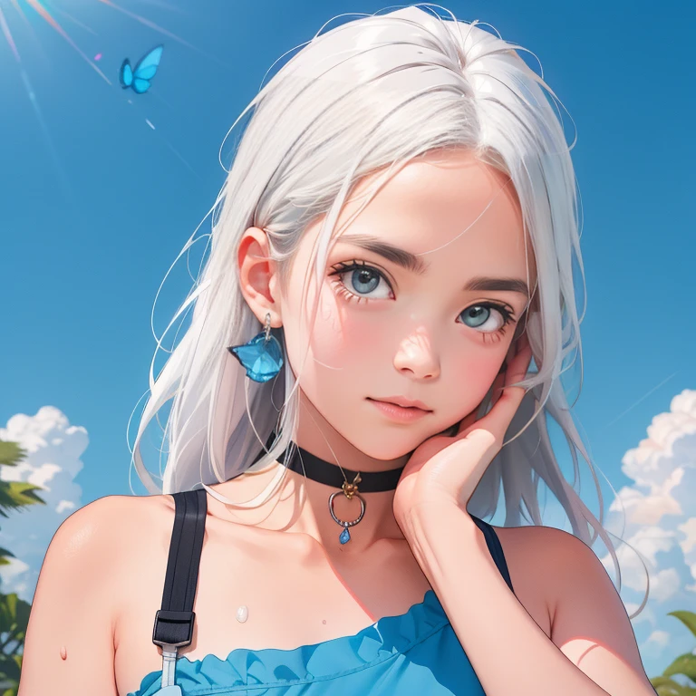 1 ,Blue Pupil,toenails,hand on own face,White hair,sky blue eyes,(blush:1.1),choker,blue sky,lesbian full body，shivering,sweat,Gotas de sweat,dream magical,(speed line:1.1),medium breasts, ((rough breathing:1.3)), cure, butterfly earrings, top cut, pleasure, loud and cold，high quality 4k