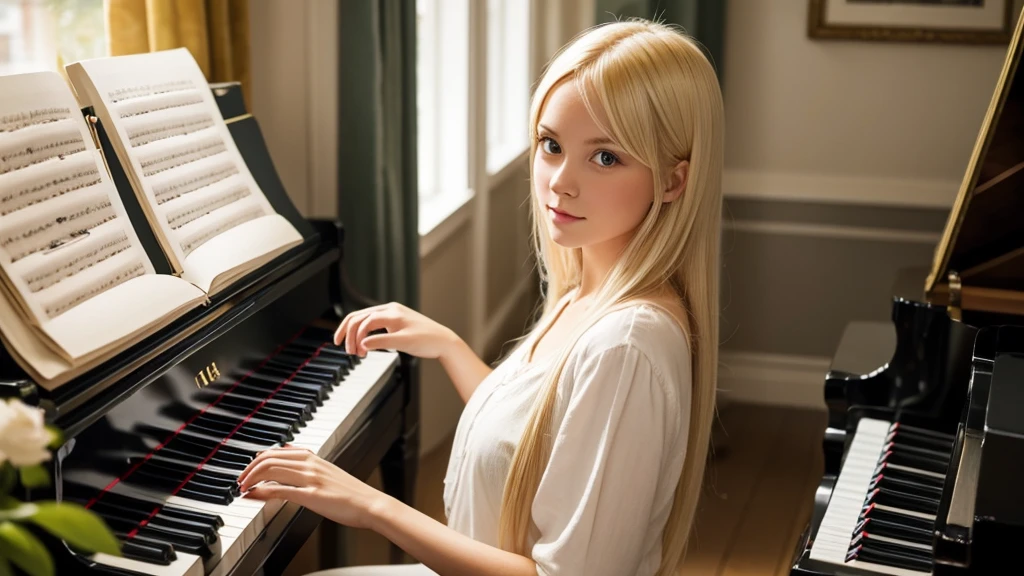 Beautiful Scandinavian girl with bright blonde hair. She plays the piano.