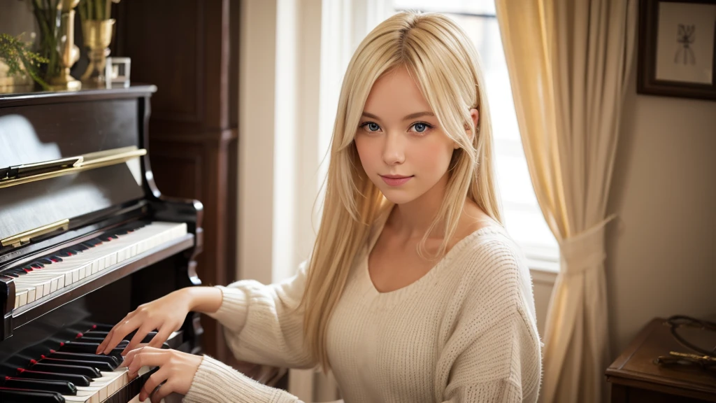 Beautiful Scandinavian girl with bright blonde hair. She plays the piano.