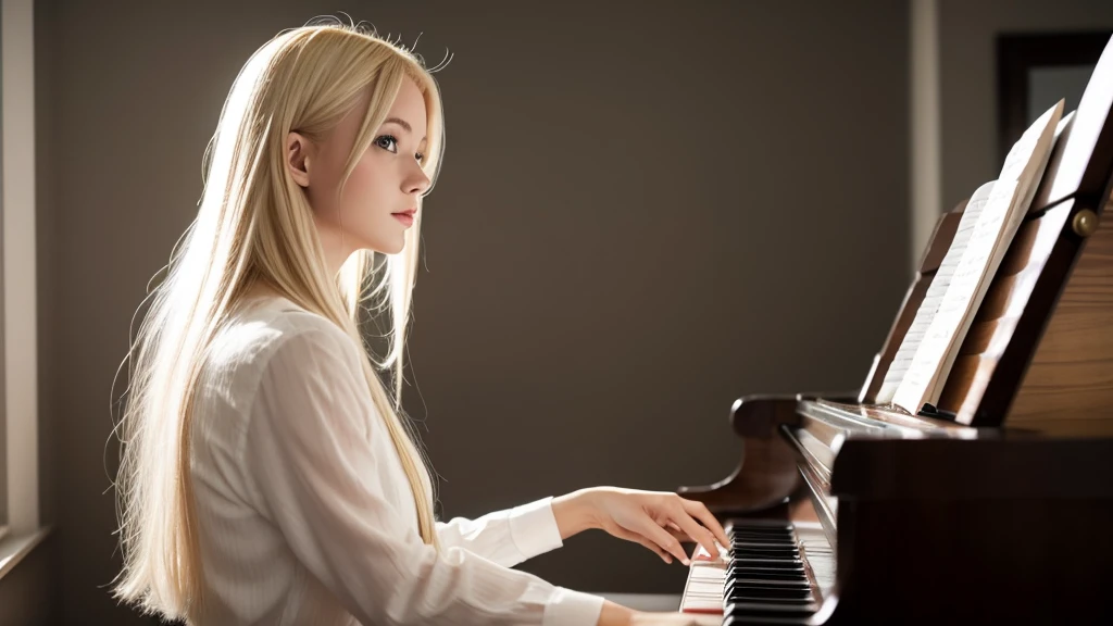 Beautiful Scandinavian girl with bright blonde hair. She plays the piano.